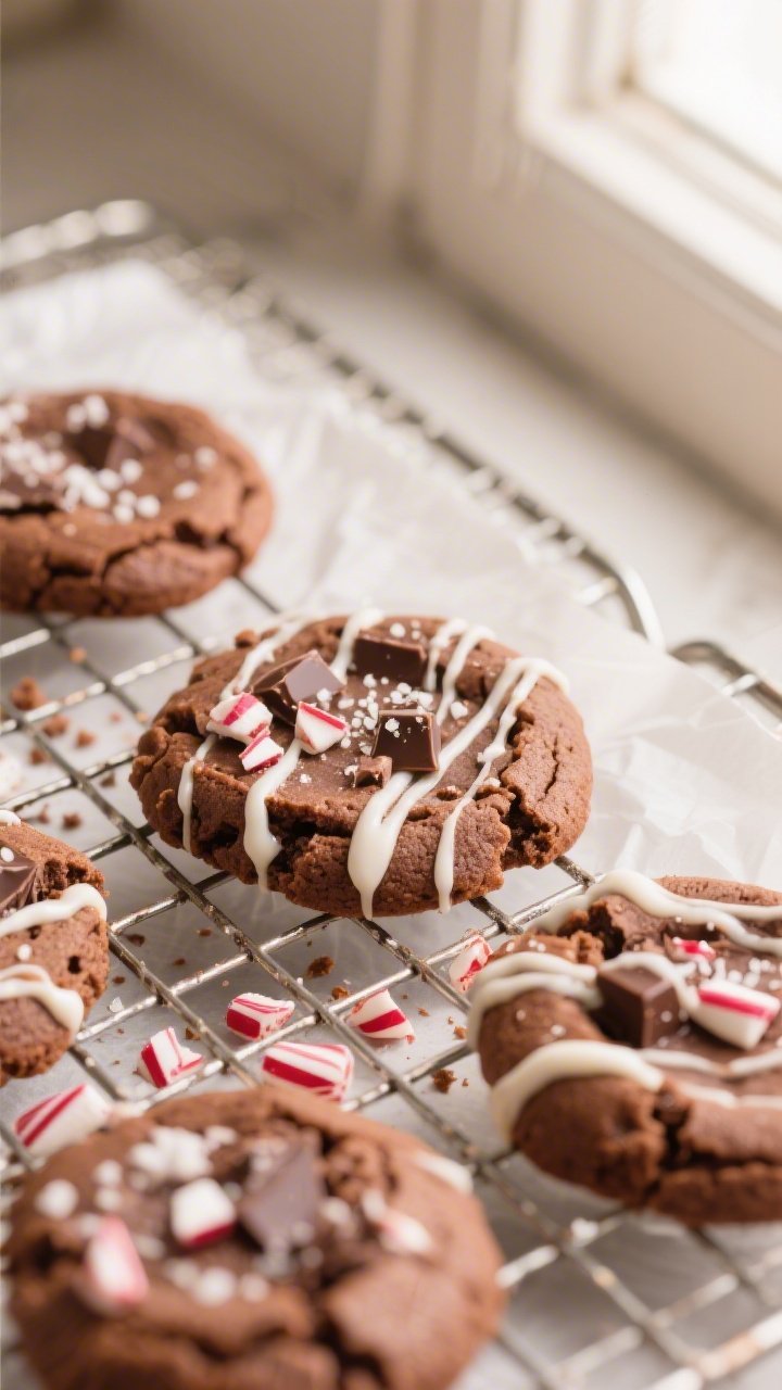 Close-up detail shot of freshly baked hot cocoa cookies cooling on a wire rack, edges set with soft,