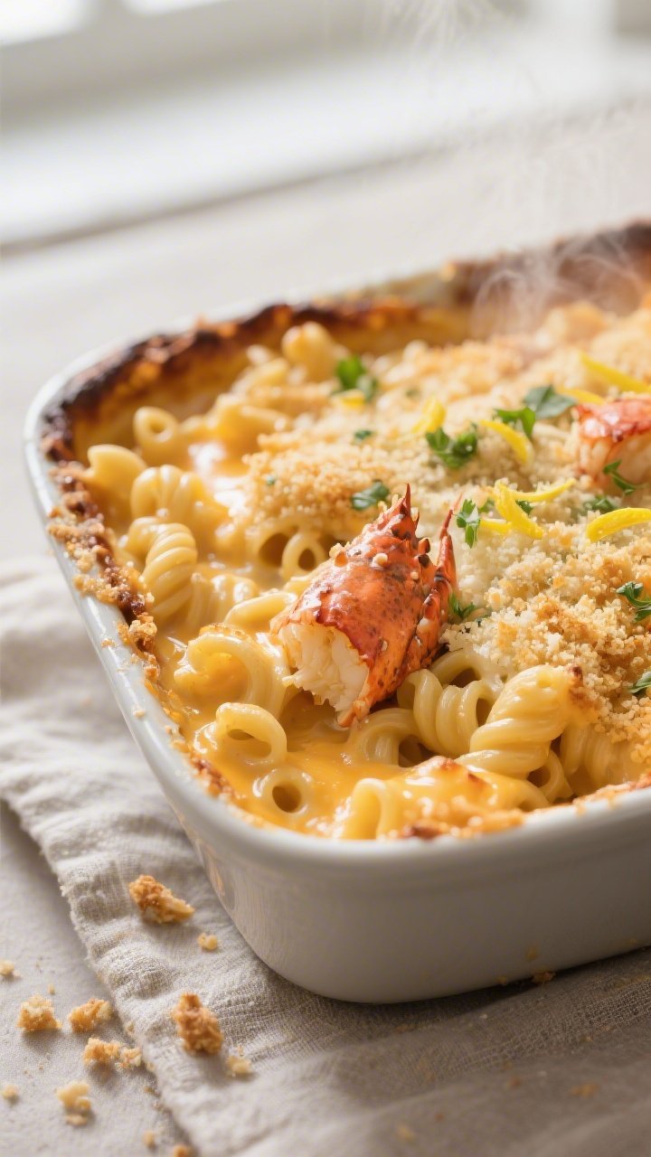 Close-up detail shot of freshly baked lobster mac and cheese just out of the oven: bubbling edges, m