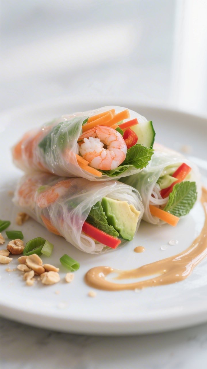 Close-up detail shot of freshly rolled Vietnamese spring rolls, sliced in half to reveal layers: tra