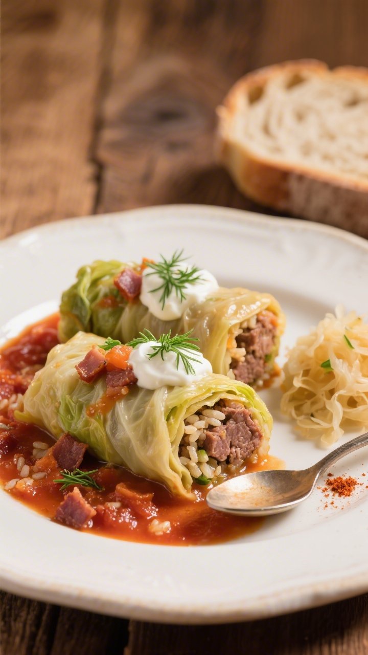 Close-up final plating of two Romanian stuffed cabbage rolls on a warm white ceramic plate, sliced e