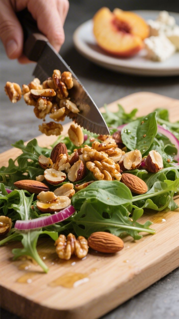 Close-up process shot of warm toasted nuts being chopped and added to a pre-tossed arugula base: mac