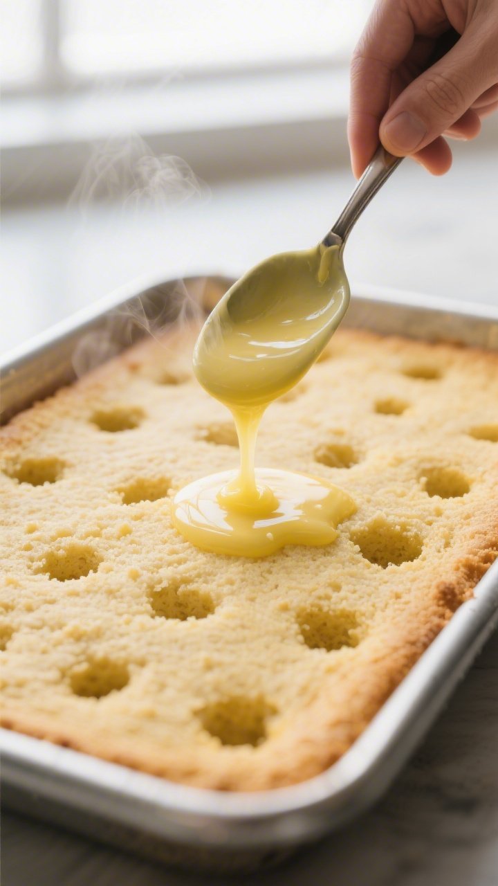 Close-up process shot: Warm lemon poke cake in a 9x13 metal pan just after baking, surface dotted wi