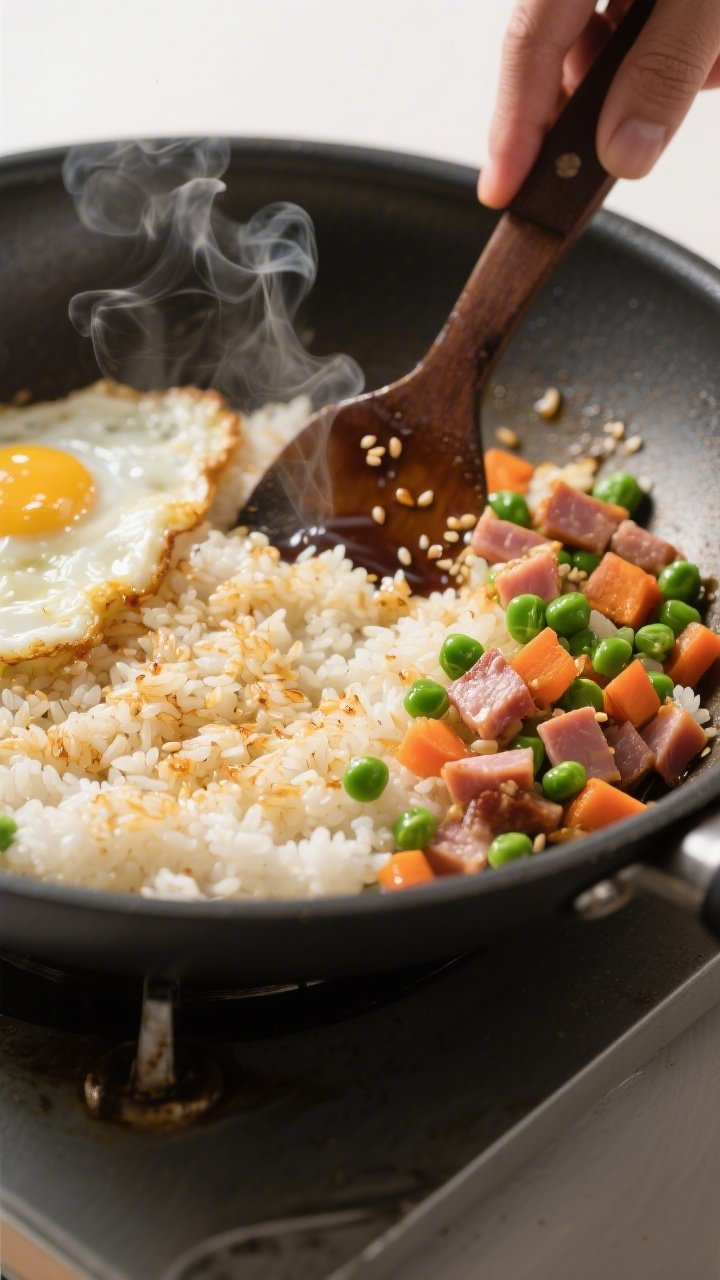 Cooking process, close-up action: Yakimeshi in a carbon-steel wok over medium-high heat, rice spread