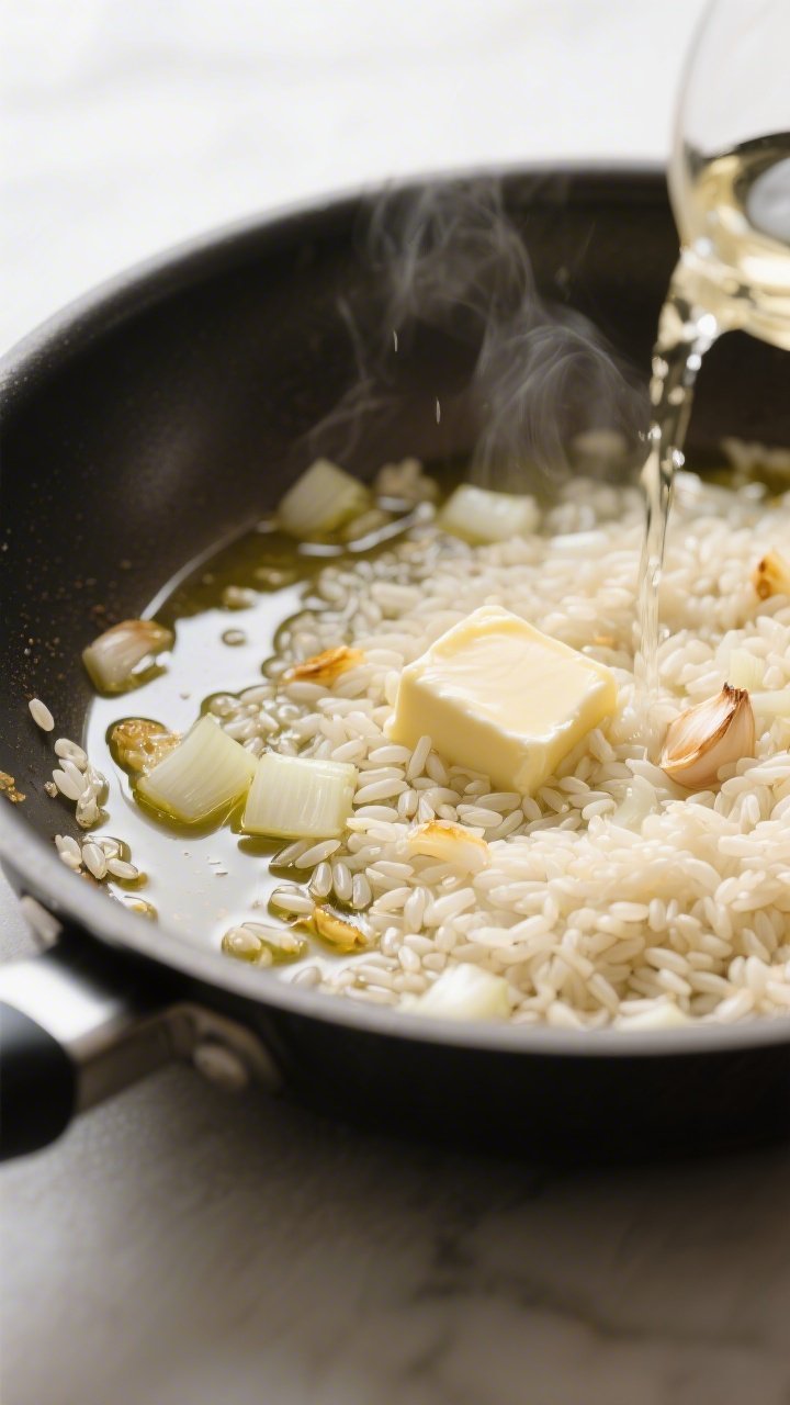 Cooking process close-up: Arborio rice toasting in a wide, heavy-bottomed skillet, grains turning sl