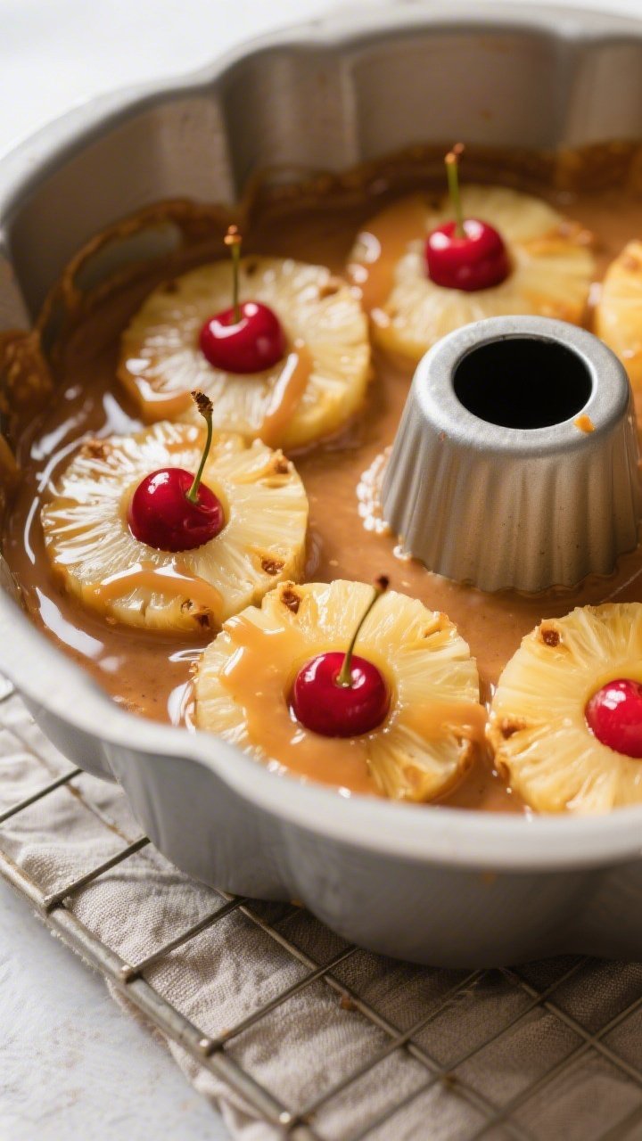 Cooking process close-up: Caramel-glossed pineapple rings and maraschino cherries arranged snugly in