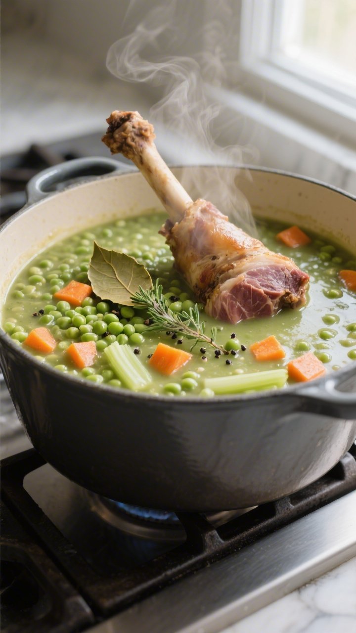 Cooking process, close-up detail: A Dutch oven of split pea soup mid-simmer with a meaty smoked ham