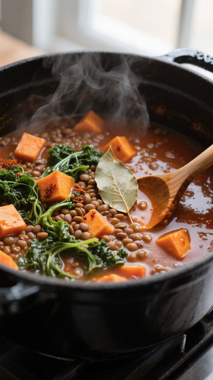Cooking process, close-up detail: A tight, steam-kissed shot inside a matte black Dutch oven as the