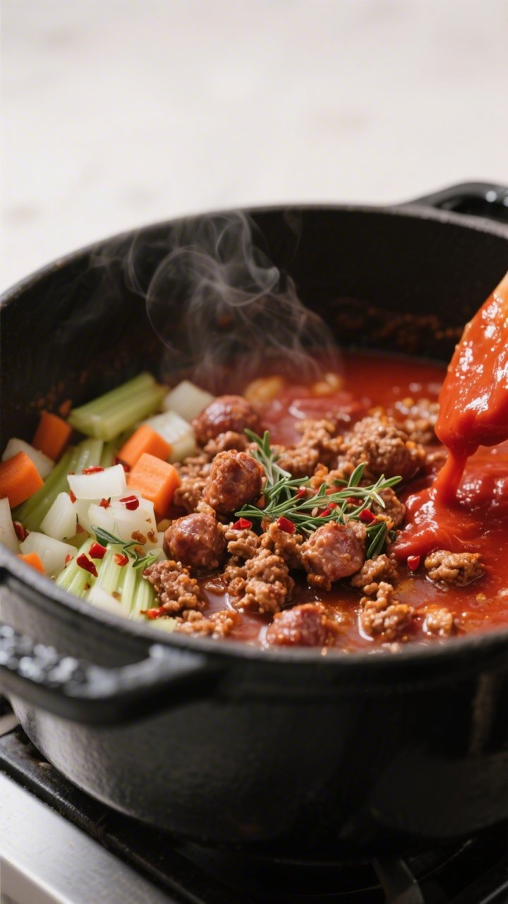 Cooking process, close-up detail: Browning crumbled Italian sausage in a Dutch oven with rendered dr