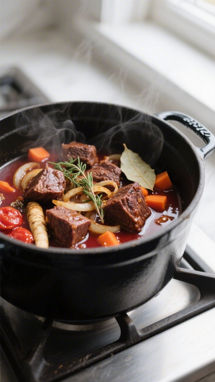 Cooking process, close-up detail: Deeply browned beef chuck cubes and sautéed onions simmering in a