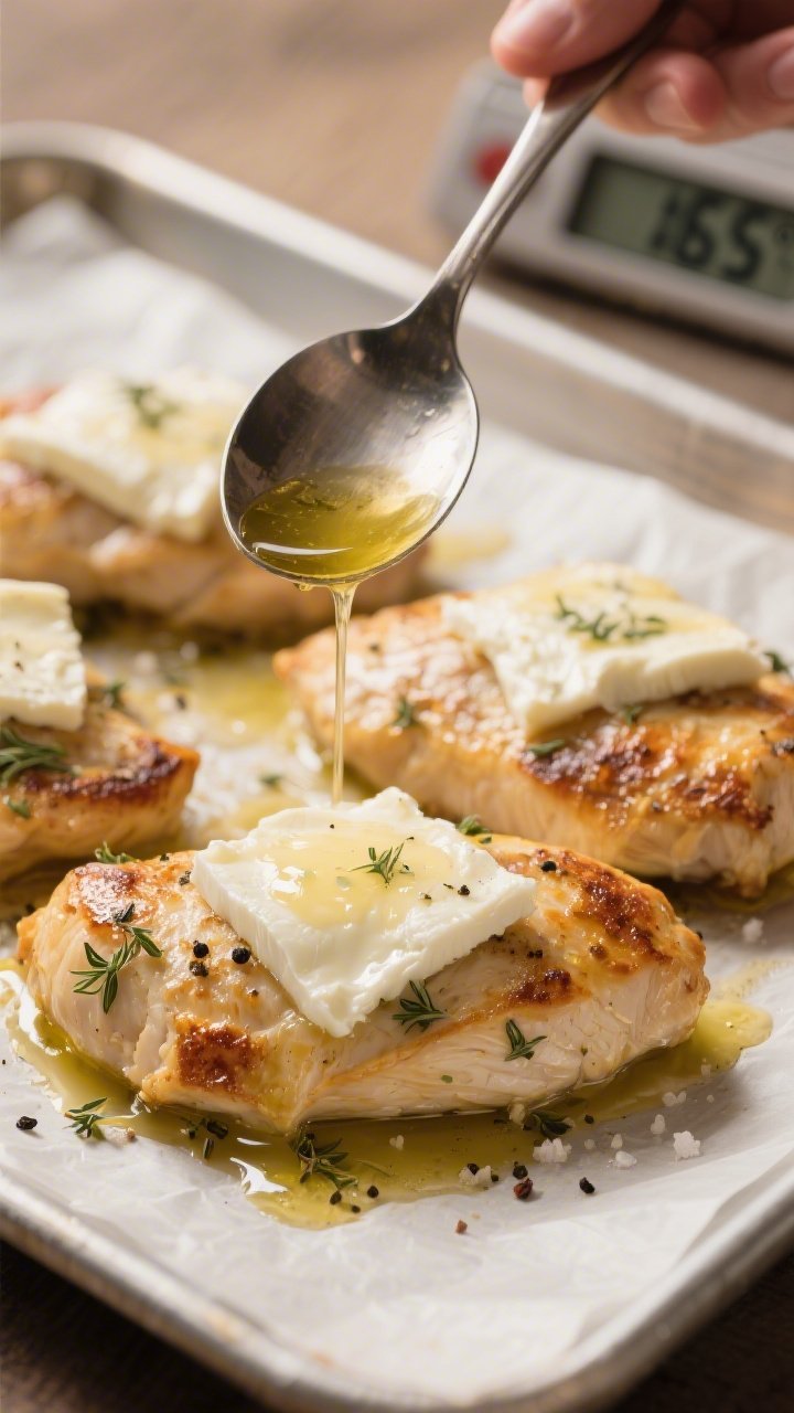 Cooking process, close-up detail: Golden, pre-baked chicken breasts on a parchment-lined sheet pan j