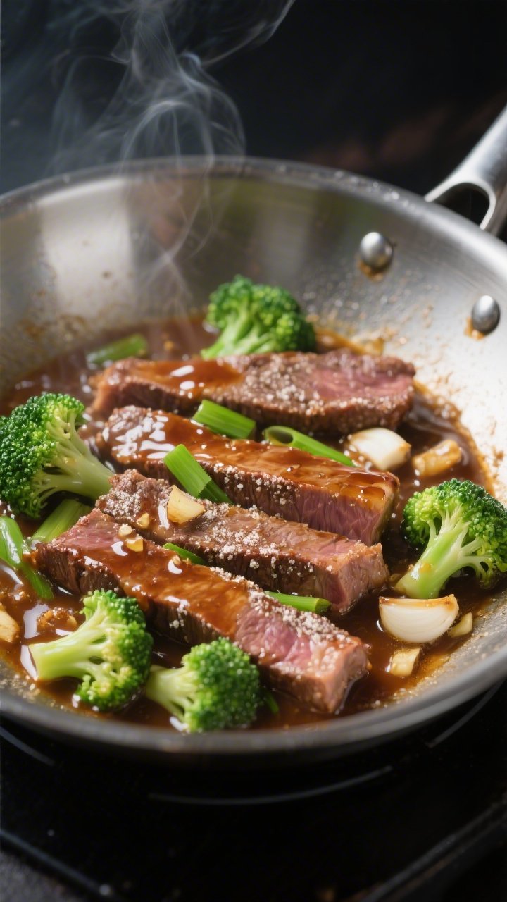 Cooking process, close-up detail: Searing strips of cornstarch-dusted flank steak in a hot stainless