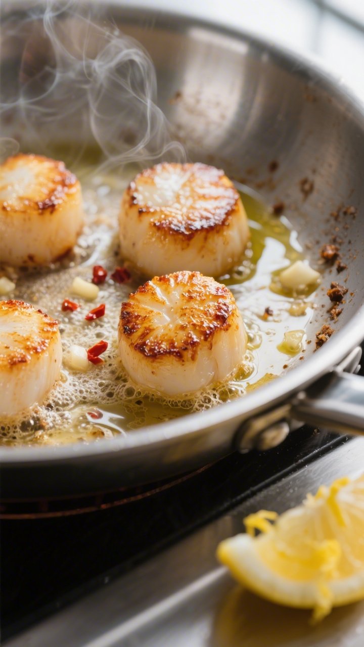 Cooking process close-up: Golden-brown sea scallops sizzling in a stainless-steel skillet, deep cara