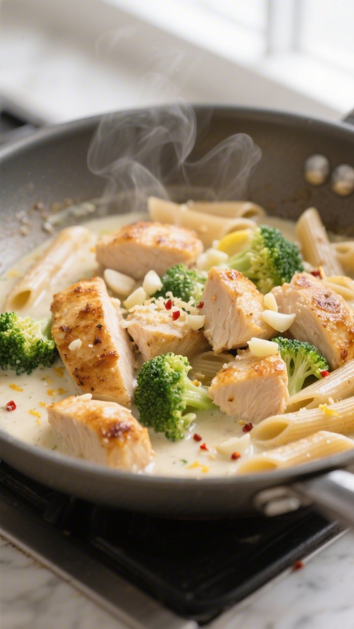 Cooking process close-up: Golden, seared bite-size chicken breast pieces being tossed in a skillet w
