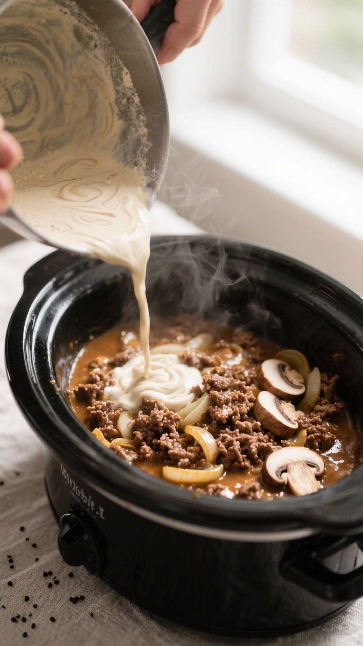 Cooking process close-up: Ground beef stroganoff mid-simmer in a slow cooker, showing tender browned