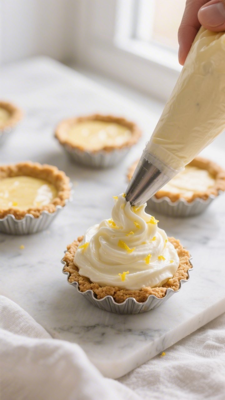 Cooking process – Close-up of mini no-bake tart shells being filled: chilled graham cracker crusts