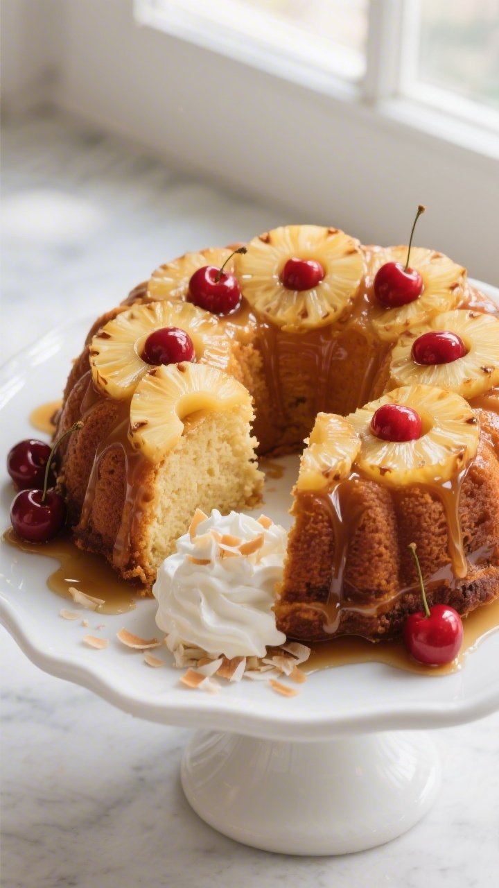 Final dish overhead: Pineapple Upside Down Bundt Cake freshly unmolded on a white cake stand, top vi