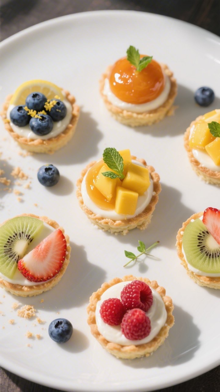 Final dish – Overhead shot of assorted mini no-bake fruit tartlets fully finished: glossy apricot-