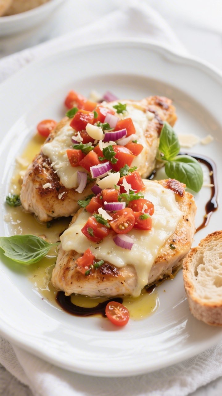 Final dish, tasty top view: Overhead shot of Bruschetta Baked Chicken plated on a wide white ceramic