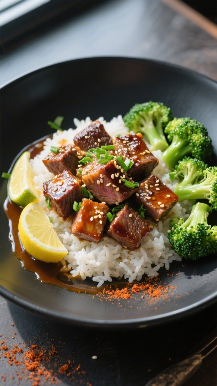 Final dish, tasty top view: Overhead shot of honey garlic steak bites piled over fluffy white rice i