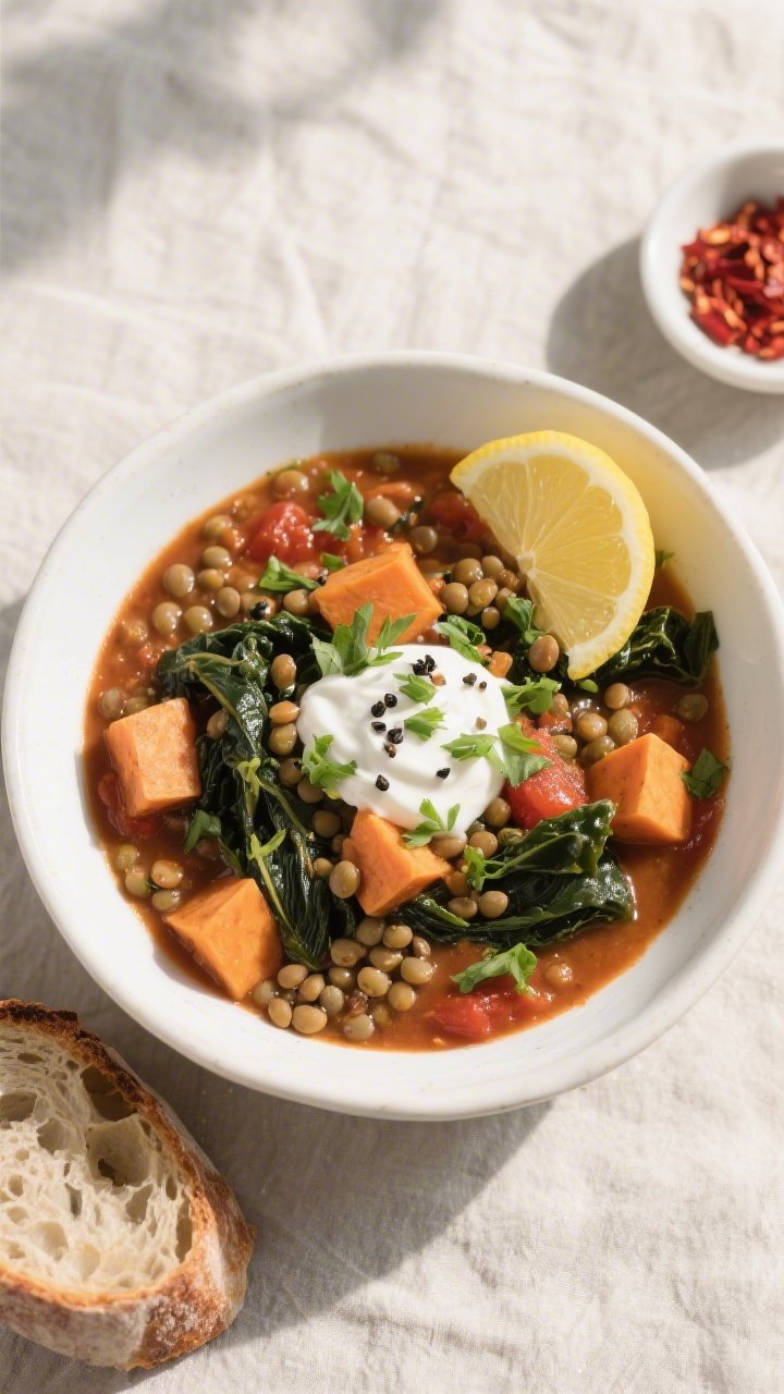 Final dish, top view: Overhead shot of a beautifully plated bowl of Vegetarian Lentil & Sweet Potato