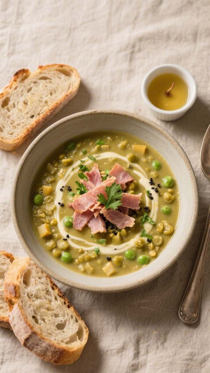 Final dish, top view: Overhead shot of a rustic bowl of split pea soup with ham, ultra-creamy but st