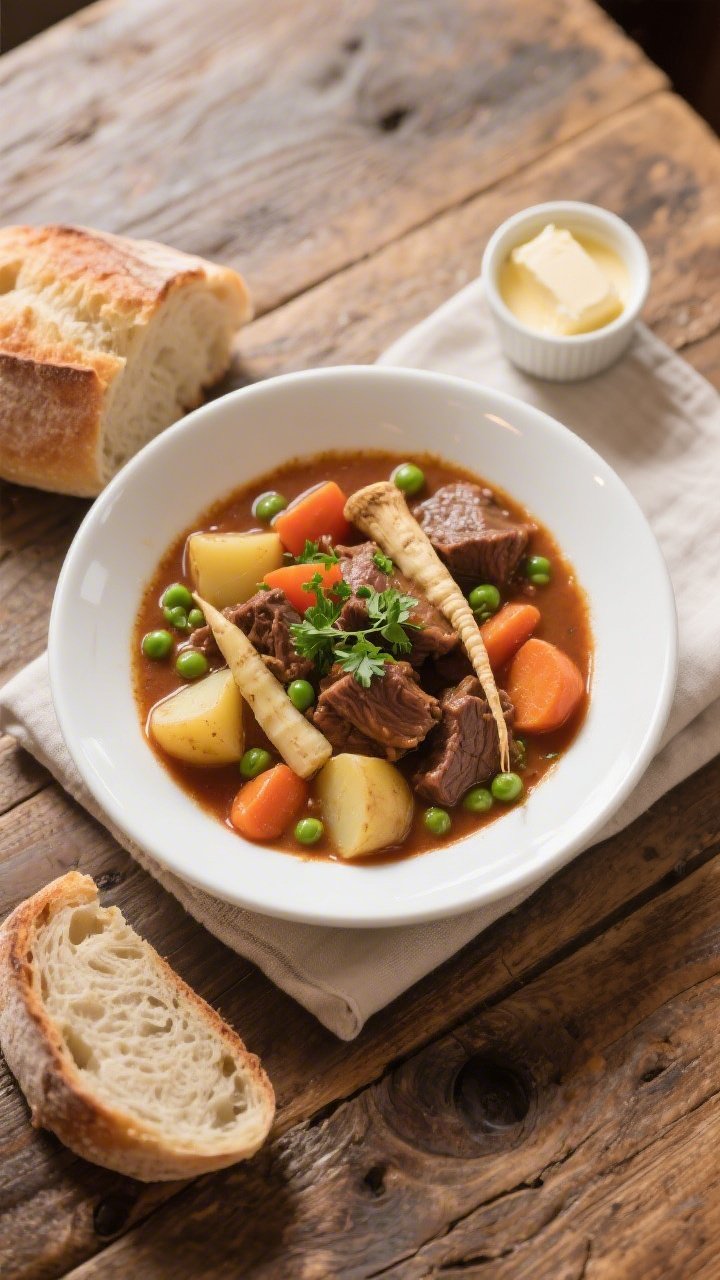 Final dish, top view: Overhead shot of hearty beef stew with root vegetables ladled into a wide whit