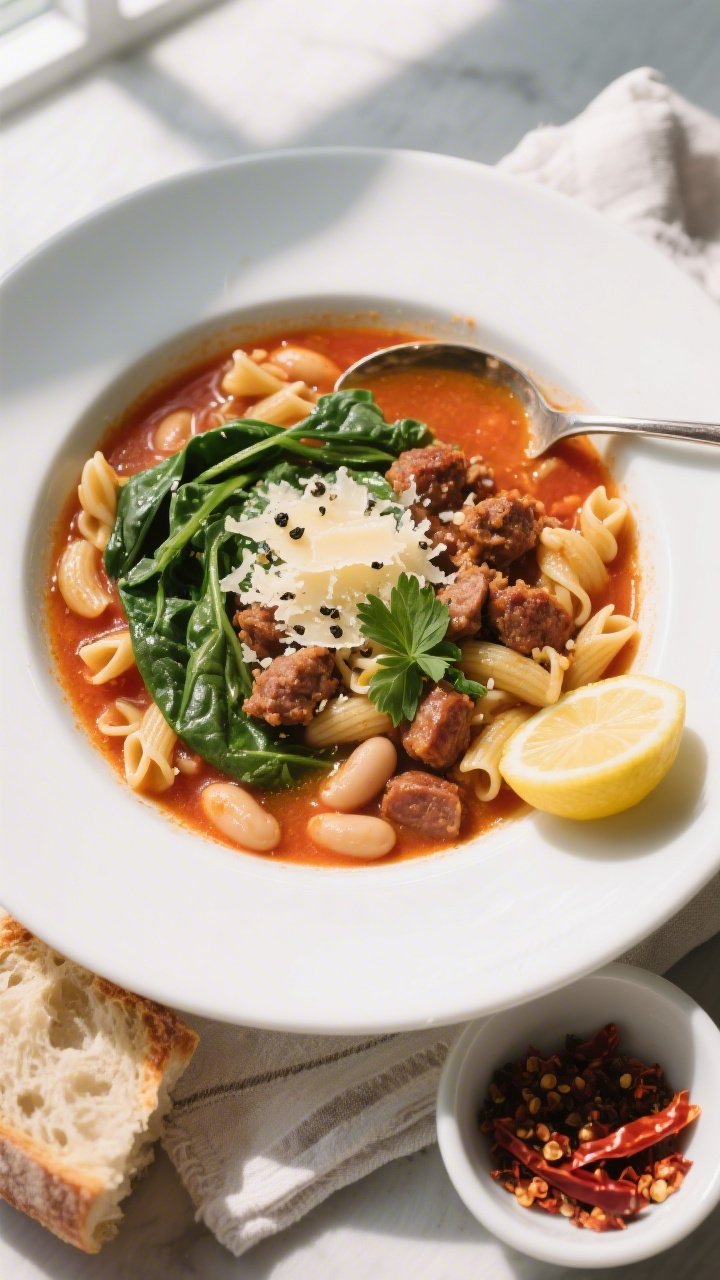 Final dish, top view: Overhead shot of Italian pasta soup with sausage in a wide white bowl—ditali
