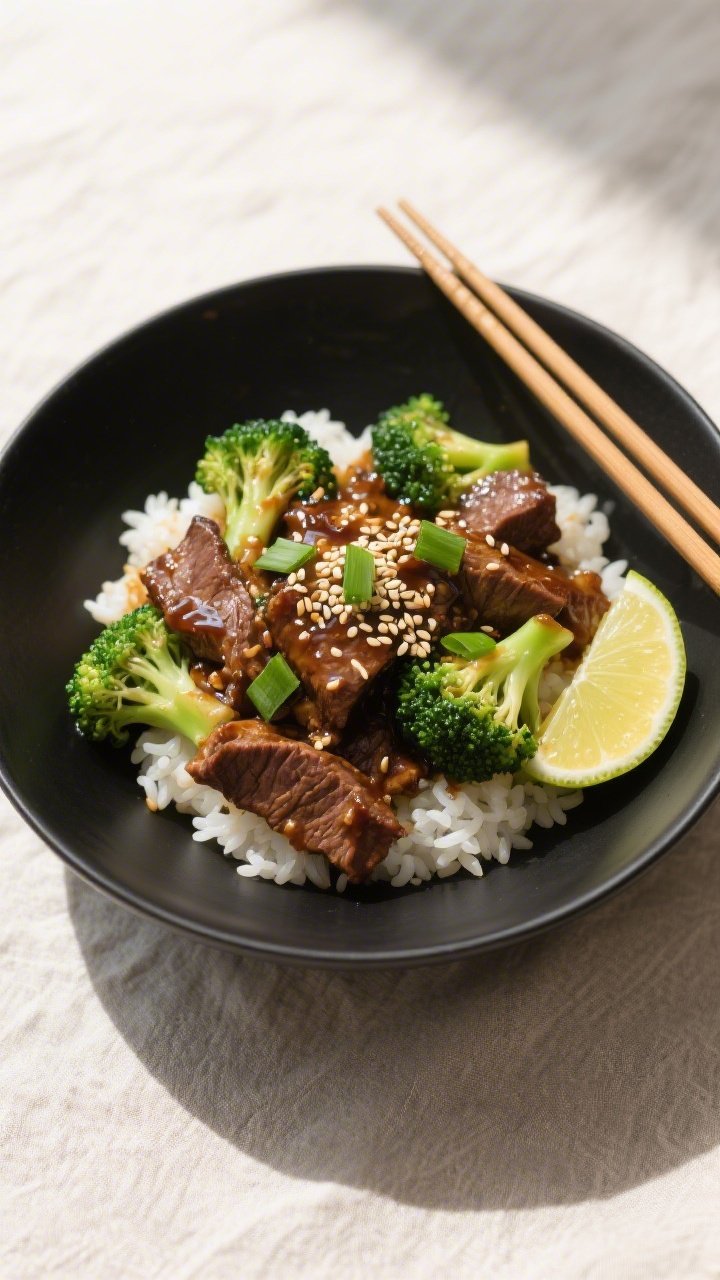 Final dish, top view: Overhead shot of Mongolian Beef with Broccoli served over fluffy jasmine rice