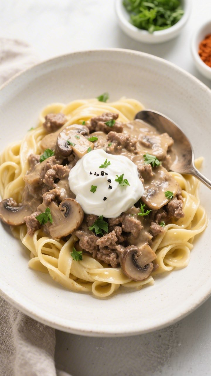 Final plated overhead: Beautifully plated Slow Cooker Ground Beef Stroganoff spooned over buttery eg