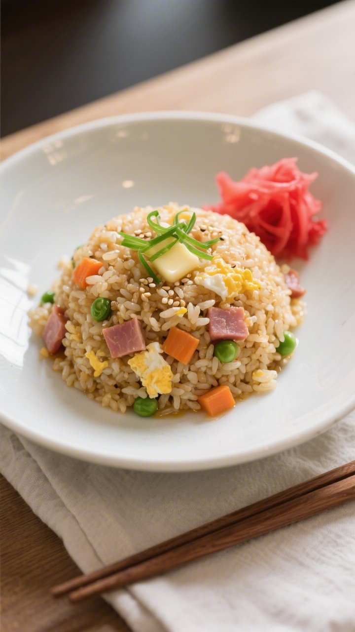 Final plated, overhead beauty shot: Japanese fried rice (yakimeshi) mounded neatly in a shallow whit