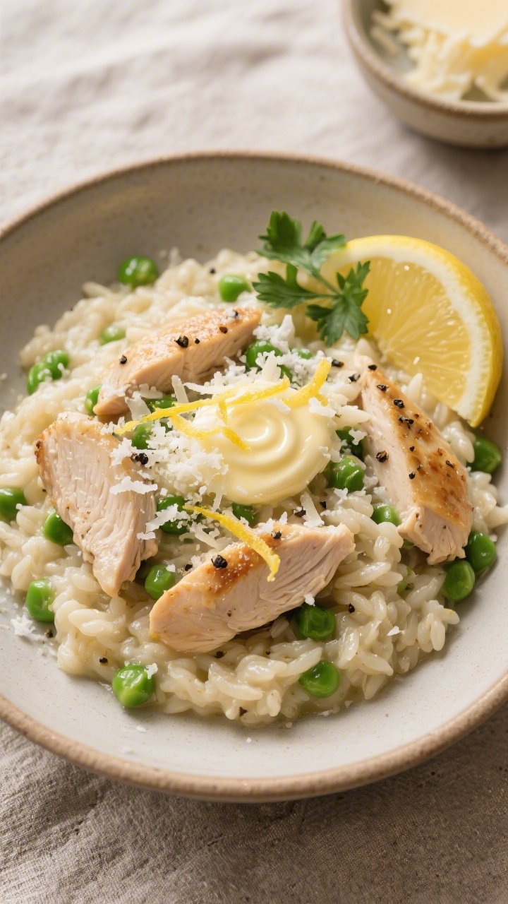 Final plated overhead: Classic Chicken Risotto served in warm shallow bowls, ultra-creamy and flowin