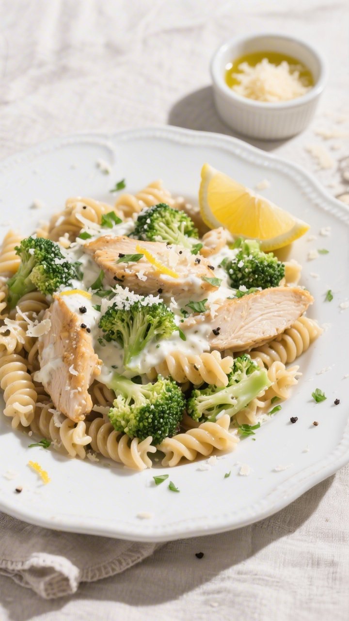 Final plated overhead: Healthy Chicken Broccoli Pasta elegantly twirled on a wide, white ceramic pla