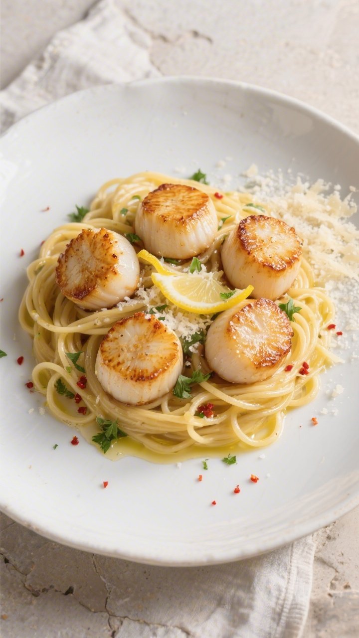Final plated overhead: Seared scallops over glossy garlic-butter linguine, top-down shot on a wide w