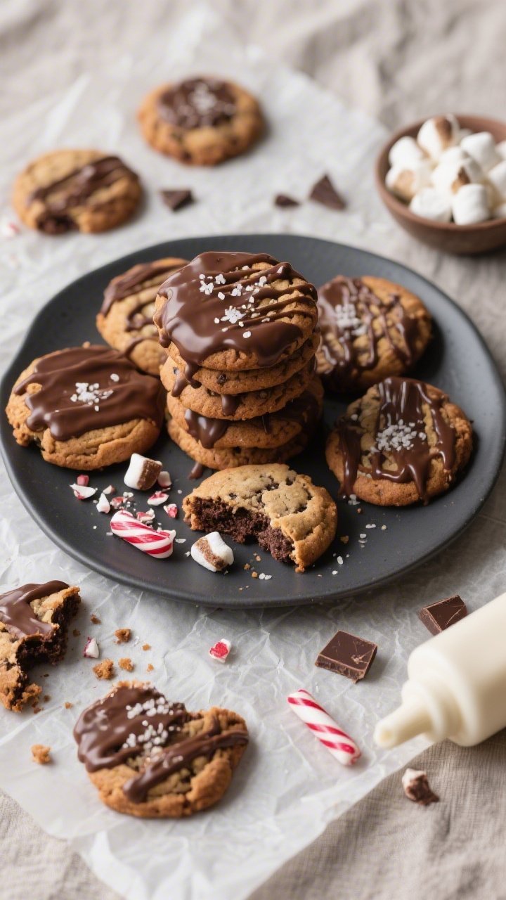 Overhead final presentation of a cozy cookie spread: a matte charcoal plate stacked with marshmallow