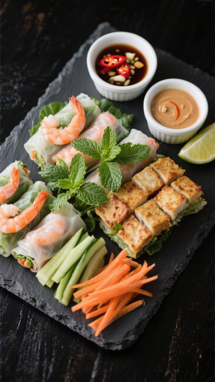 Overhead final presentation of a mixed platter of Vietnamese healthy spring rolls (some shrimp, some