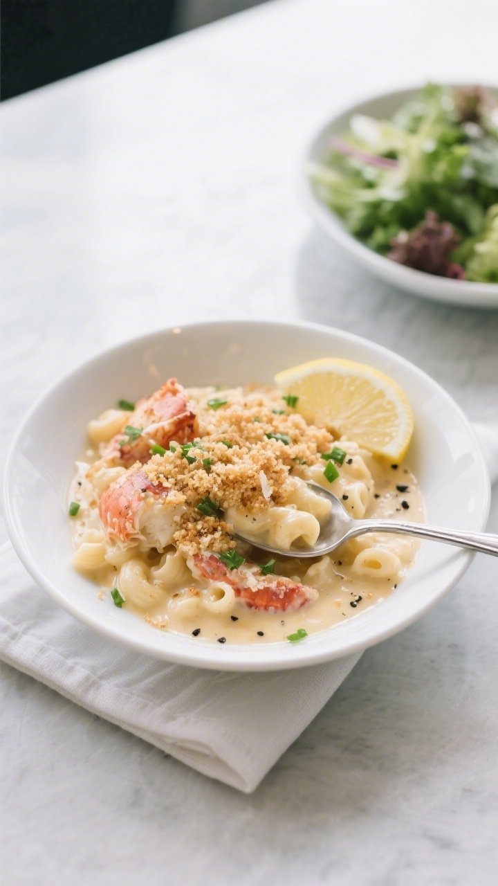 Overhead final presentation of a plated serving: lobster mac and cheese spooned into a shallow white