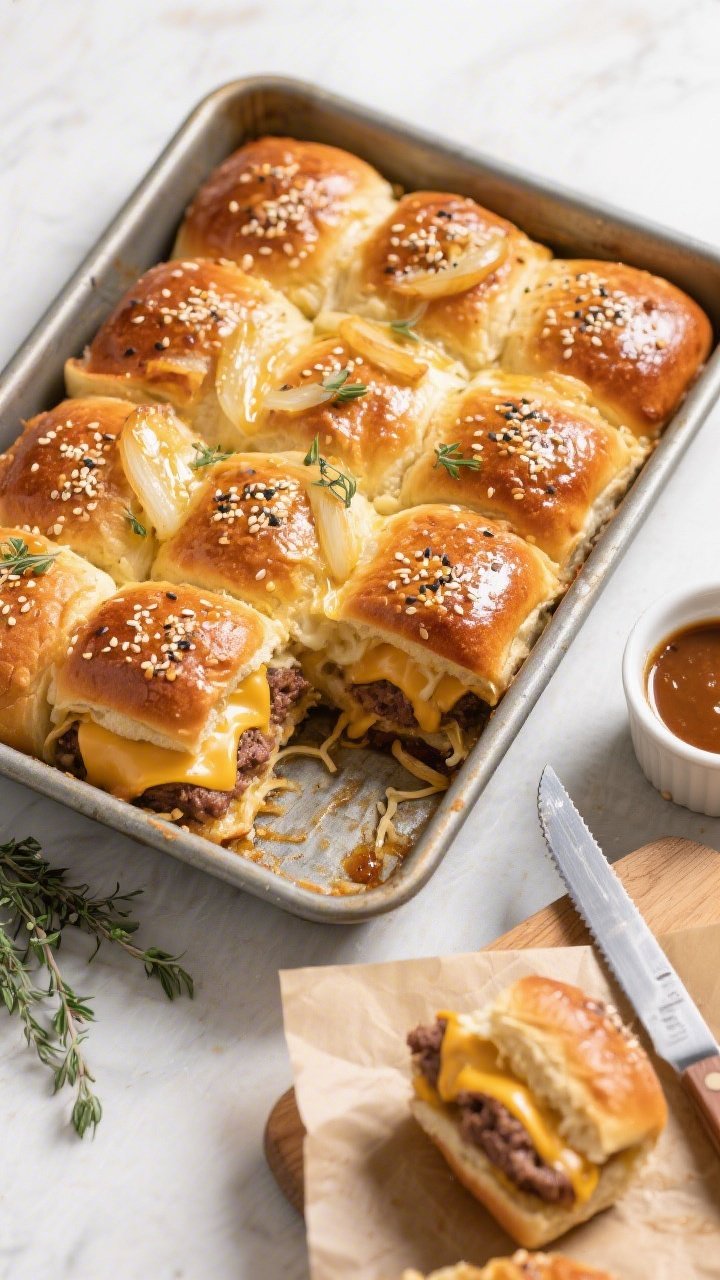 Overhead final presentation of Cheesy French Onion Sliders in a 9x13 pan just out of the oven — ne