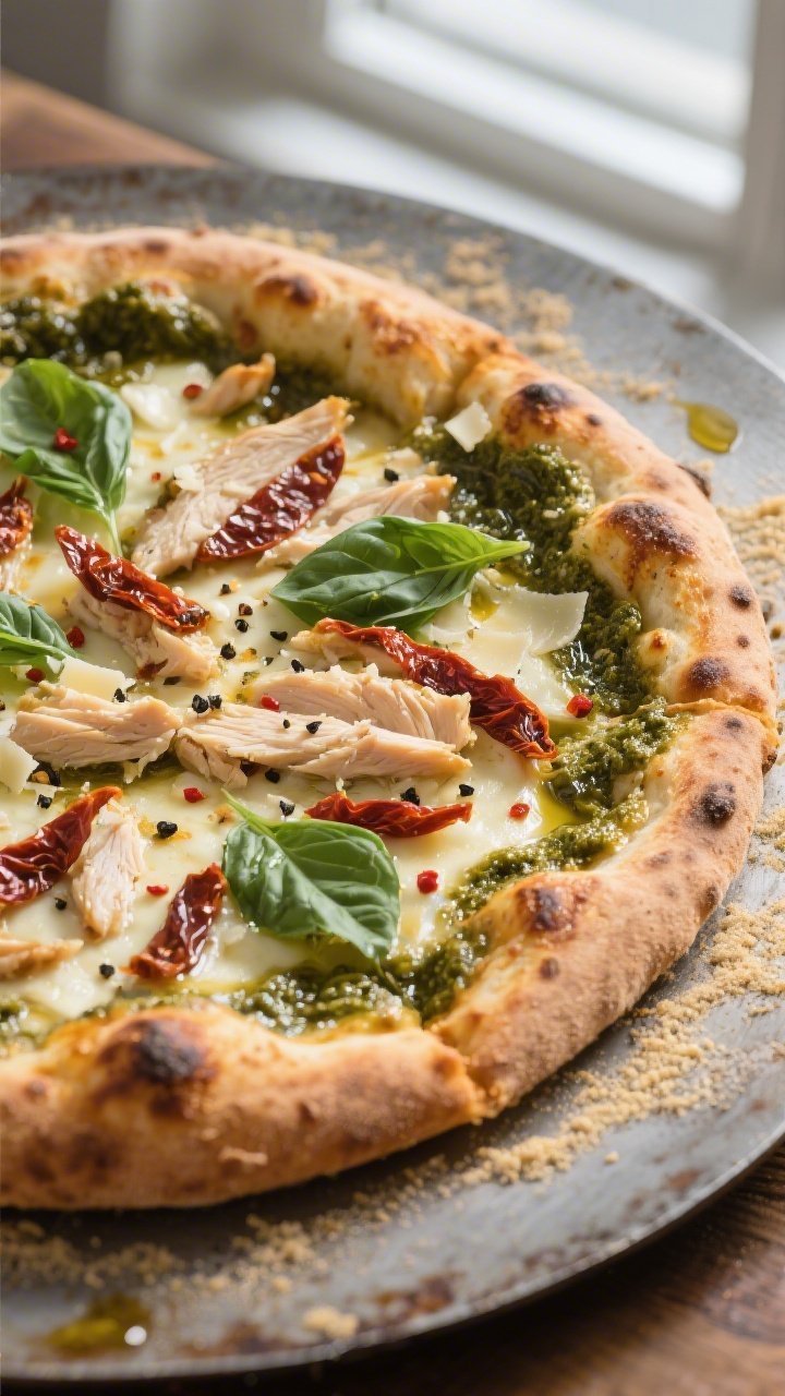 Overhead shot of a baked Chicken Pesto Pizza just out of the oven on a preheated pizza steel, golden