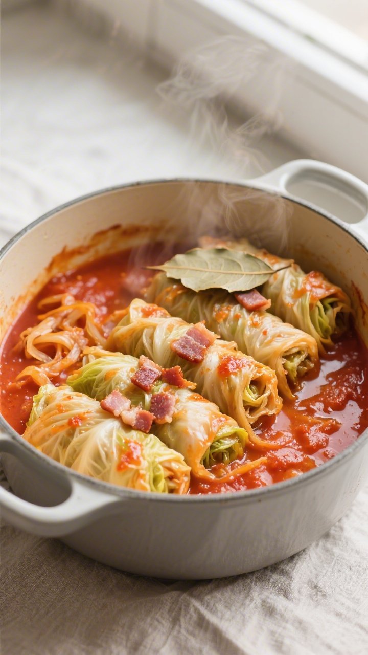 Overhead shot of Romanian stuffed cabbage rolls gently simmering in a Dutch oven during the slow-coo