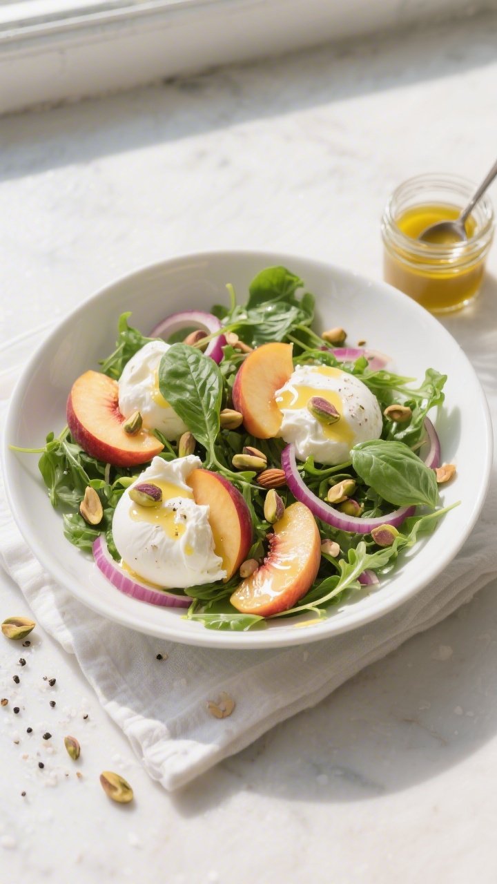 Overhead shot of the finished Peach Arugula Summer Salad in a wide, shallow white bowl: glossy baby 