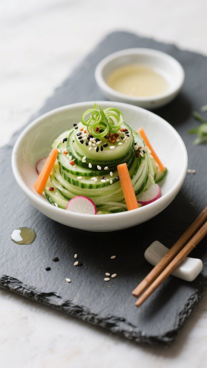 Tasty top view final presentation: Overhead shot of Fresh Sushi Cucumber Salad neatly mounded in a w