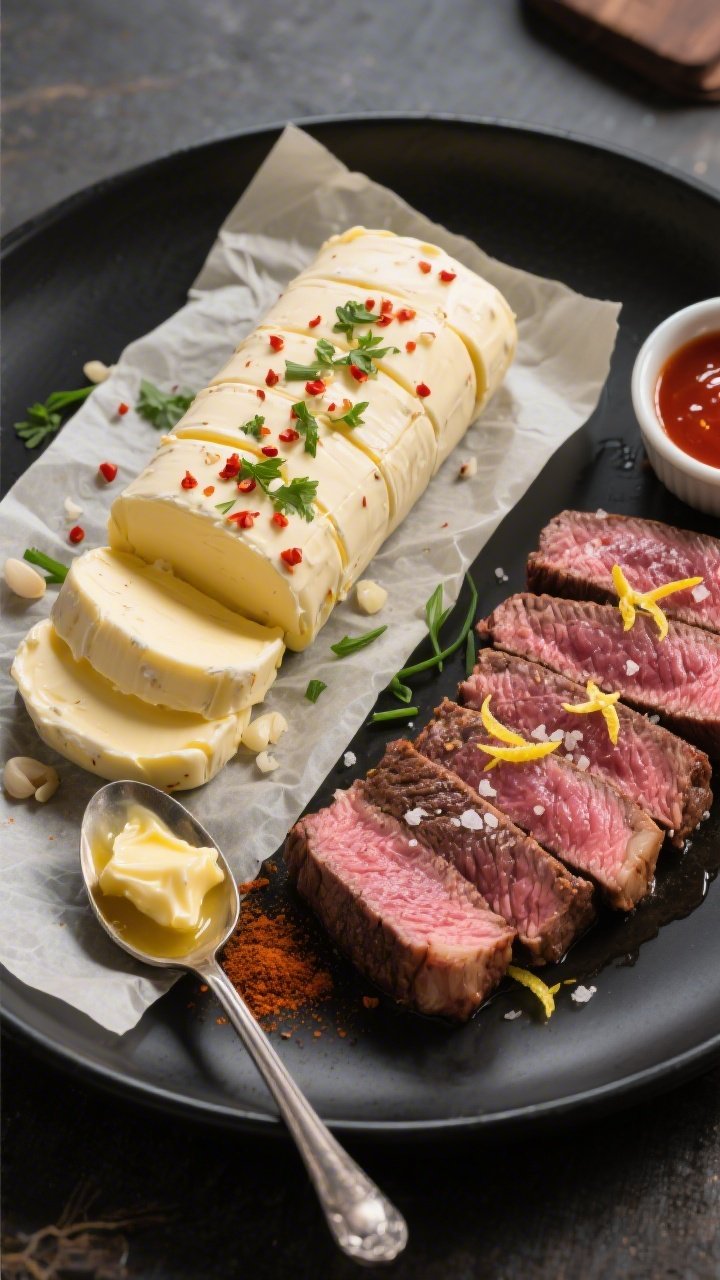 Tasty top view: Overhead shot of neatly sliced cowboy butter log on parchment, firm chilled coins sp